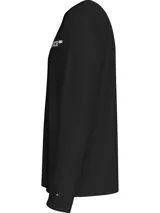 Remera negra de manga larga Tommy Hilfiger, de corte regular, con cuello redondo y logo Hilfiger estampado en el pecho sobre una franja horizontal con los colores característicos de la marca.
