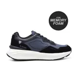 Championes Hi-Tec Kenza, color negro con detalles en marrón y suela blanca. Con tecnología Memory Foam para mayor comodidad.