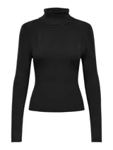 Sweater negro de punto suave con cuello alto y puños acanalados.