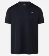 Remera deportiva blanca de poliéster, con cuello redondo, mangas cortas y recortes laterales.