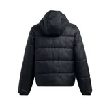 Campera puffer negra Under Armour con capucha y logo blanco en el pecho.