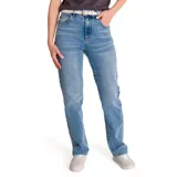 Pantalón de jean celeste de corte recto, tiro alto y calce relajado.