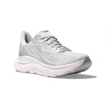 Championes de running Hoka Clifton 10, color gris claro con suela blanca y logo de la marca en el lateral.