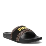 Sandalias Puma Leadcat 2.0 Animal Flair, con base negra y tira ancha con estampado animal print y logo Puma dorado.