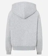 Saco negro de algodón con felpa, con capucha ajustable mediante cordón, mangas largas, cierre delantero de cremallera y bolsillos funcionales.