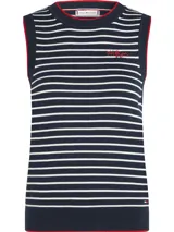 Top sin mangas con diseño de rayas horizontales en azul marino y blanco, cuello redondo y logo de Tommy Hilfiger bordado en el pecho.