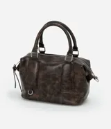 Cartera mini satchel con asa larga ajustable, confeccionada en material sintético PU, con cierre de cremallera y efecto desteñido.