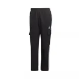 Pantalón cargo Adidas Adicolor Classics 3 Tiras negro con bolsillos laterales con solapa, cintura elástica con cordón ajustable y las tres tiras blancas características de la marca a lo largo de las piernas.