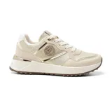 Championes urbanos color beige con detalles dorados y logo circular con strass en el lateral.