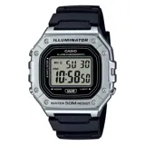 Reloj digital Casio modelo W218HM-7AVDF, con caja plateada y correa de resina negra. Cuenta con funciones de alarma, cronómetro, calendario automático y luz LED. Resistente al agua hasta 50 metros.