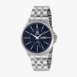Reloj Marea con caja y brazalete de acero plateado, esfera azul oscuro con números arábigos y calendario. Resistente al agua hasta 5 ATM.