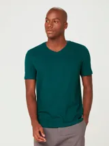 Camiseta unisex de color verde, de corte clásico y cuello en V, sin costuras laterales para mayor comodidad.