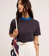 Remera de mangas cortas con cuello redondo contrastante y rayas horizontales.