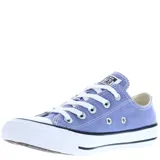 Championes Converse modelo Chuck Taylor Classic OX, color lila, de lona con suela de goma blanca y cordones blancos.