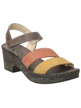 Sandalias de cuero con plataforma y taco de 6 cm. Tiras de cuero color marrón, naranja y amarillo.