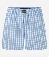 Calzoncillo boxer de tela tricolina con estampa de cuadros azules y blancos, cintura elástica con logo de la marca.