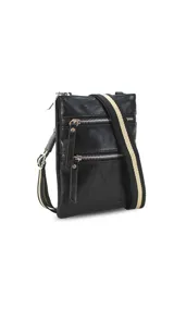 Bandolera tipo phone bag color verde militar, con correa larga regulable y desmontable. Tiene cierre metálico superior y dos bolsillos frontales con cierre.
