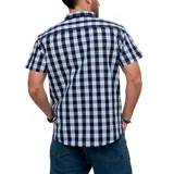 Camisa de hombre a cuadros azules, negros y blancos, de manga corta y corte clásico.
