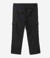 Pantalón cargo negro confeccionado en liocel con cintura elástica, cordón de ajuste y bolsillos laterales.