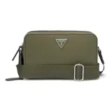 Bandolera Guess modelo Viviette, color verde oliva, confeccionada en PVC. Tiene correa ancha con logo de la marca y logo triangular metálico en el frente.