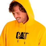 Buzo canguro negro de frisa con capucha ajustable con cordones y bolsillo frontal. Logotipo CAT bordado en el pecho.