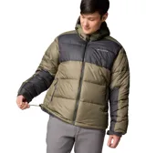 Campera puffer Columbia Pike Lake II Hooded para hombre, color verde oliva con detalles en negro. Cuenta con capucha ajustable, cierre frontal completo, bolsillos laterales con cierre y tecnología Omni-Heat Reflective.
