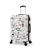 Valija rígida de color blanco con estampado tipo grafiti en negro y rojo. Cuenta con cuatro ruedas dobles multidireccionales, mango telescópico y asa lateral.