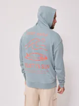 Canguro con capucha celeste con estampado delantero y trasero.