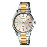 Reloj Casio para mujer, modelo LTP1303SG-7AVDF, con caja plateada y pulsera combinada en plateado y dorado. Esfera plateada con agujas y marcadores dorados.