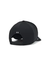 Gorra Under Armour Project Rock color gris claro con logo de toro bordado en azul marino.