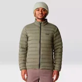Campera verde oliva de plumas, con cierre frontal, bolsillos laterales con cierre y logo de la marca bordado en el pecho.
