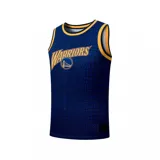 Musculosa de básquet azul con textura de piel de serpiente, cuello y sisas en amarillo. Estampado frontal con el nombre "Warriors" en amarillo y el logo del equipo.