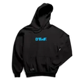 Buzo canguro negro con capucha y cordones ajustables. Estampado frontal con el texto "DTMF" en color celeste.