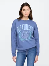 Buzo deportivo azul con cuello redondo, puños y ruedo acanalados. Estampado frontal con el logo de Gap Athletic en color celeste.
