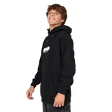 Canguro negro con capucha, cordones ajustables y bolsillo tipo canguro. Estampado frontal con el logo de Rip Curl en colores naranja, celeste y blanco.