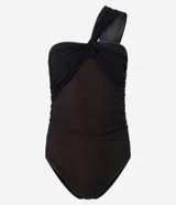 Body negro de tule con un solo hombro y detalle de nudo en el busto.