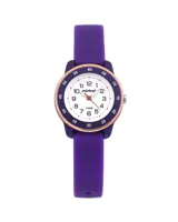 Reloj Mistral con correa de silicona color violeta, caja redonda con bisel color cobre y cuadrante blanco con números arábigos.