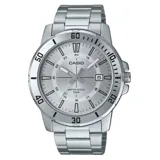 Reloj Casio plateado con caja de acero inoxidable, esfera plateada con indicadores horarios y manecillas luminiscentes, visualización de fecha y correa de acero inoxidable.