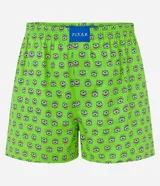 Calzoncillo tipo bóxer de tela tricolina verde con estampa de Mike Wazowski, personaje de Monsters Inc., y etiqueta de Pixar en la cintura elástica.