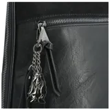 Mochila negra de ecocuero con aplique de gamuza en la parte superior. Tiene un compartimento principal con cierre de cremallera, bolsillos frontal y trasero con cierre, bolsillo interior con cierre y correas ajustables.