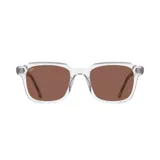 Lentes de sol con montura cuadrada transparente y lentes marrones.