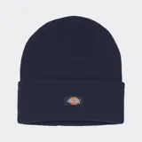 Gorro de lana azul marino con dobladillo y logo de la marca Dickies bordado en el frente.