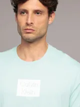 Remera celeste de algodón con cuello redondo y logo de Calvin Klein estampado en el pecho dentro de un recuadro blanco.