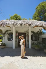 Top tejido color marrón, con escote profundo y espalda abierta. Se ata con cordones en el frente.