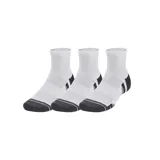 Pack de tres pares de medias deportivas Under Armour Performance Tech, de corte tobillero, color blanco con detalles en gris y negro.