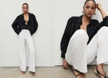 Pantalón jeans blanco de tiro alto, corte culotte con pierna ancha y bajo deshilachado. Presenta bolsillos de parche en la parte trasera.