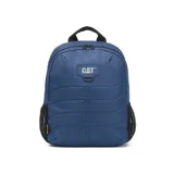 Mochila Caterpillar azul con diseño geométrico en relieve, logo de la marca en el frente, tirantes ajustables de malla elástica, bolsillo portaobjetos y ranuras para bolígrafos en el compartimento principal, y compartimento trasero acolchado para portátil.