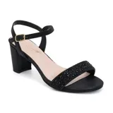 Sandalias de tacón bloque color negro con pulsera al tobillo y tira delantera con apliques de strass.