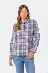 Camisa a cuadros azul, beige y rosa de algodón con dos bolsillos en el pecho, botones a presión y spandex para un mejor calce.