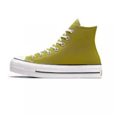 Zapatillas Converse Chuck Taylor All Star Hi color verde oliva, con plataforma blanca y cordones blancos.
